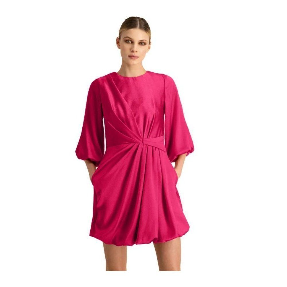 Ml Monique Lhuillier Womens Satin mini Dress Sz 10 Fuchsia Pink 3/4 Sleeve NWT